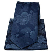 Blue Large Flowers Silk Tie and Hanky Set