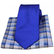Blue Ribbed Tie and Tartan Pattern Handkerchief Set