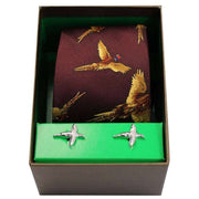 Burgundy Flying Pheasants Silk Tie and Cufflink Set