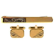Gold Engraved Cufflinks and Tie Slide Set