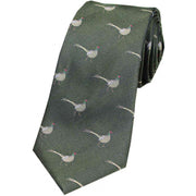 Green Standing Male Pheasant Country Silk Tie