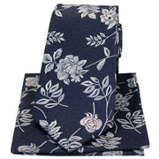 Navy Flower and Leaf Silk Tie and Hanky Set