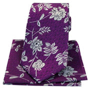 Purple Flower and Leaf Silk Tie and Hanky Set
