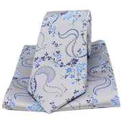 Silver Floral Pattern Tie and Pocket Square Set