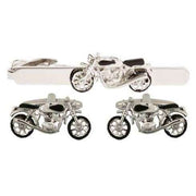 Silver Motorbike Cufflinks and Tie Clip Set