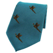 Turquoise Flying Pheasants Woven Country Silk Tie