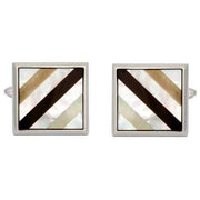 White Rhodium Plated Mother of Pearl and Onyx Striped Square Cufflinks
