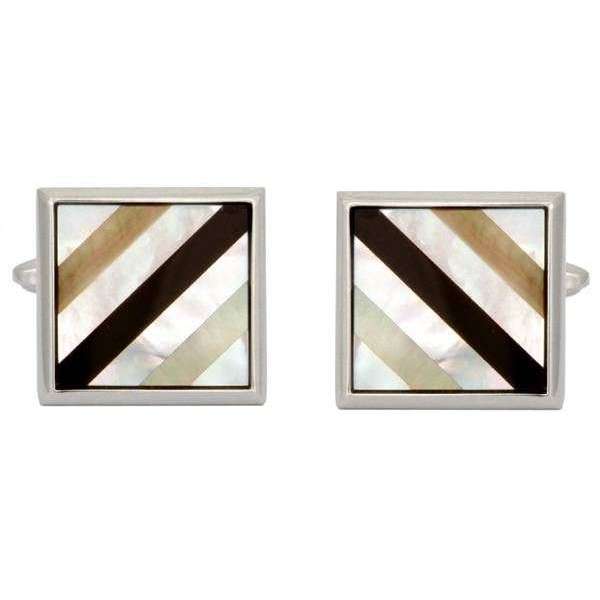 david van hagen White Rhodium Plated Mother of Pearl and Onyx Striped Square Cufflinks
