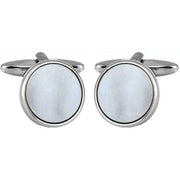 White Rhodium Plated Mother of Pearl Round Porthole Cufflinks